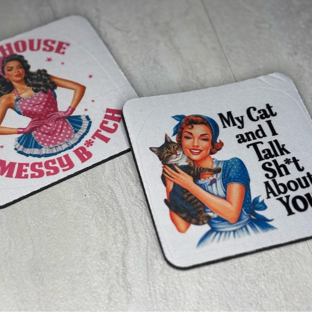 Retro Cat and Housewife Coaster Set